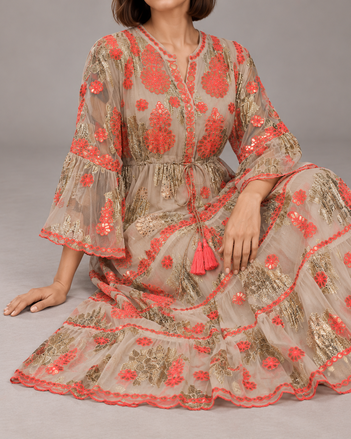Faiza Long Tunic – Floral Embroidered Tiered Tunic | ibBan