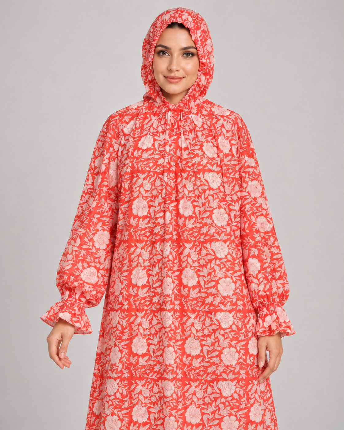 Coral Floral Hooded Kaftan – Long Sleeve Maxi Kaftan | ibBan
