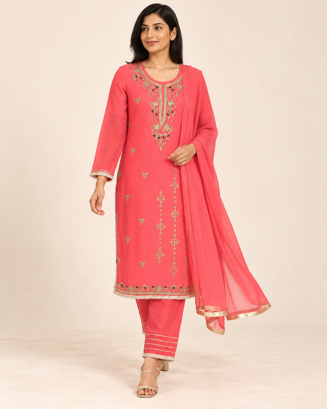 Anchal Coral Pink Embroidered Suit with Dupatta | ibBan