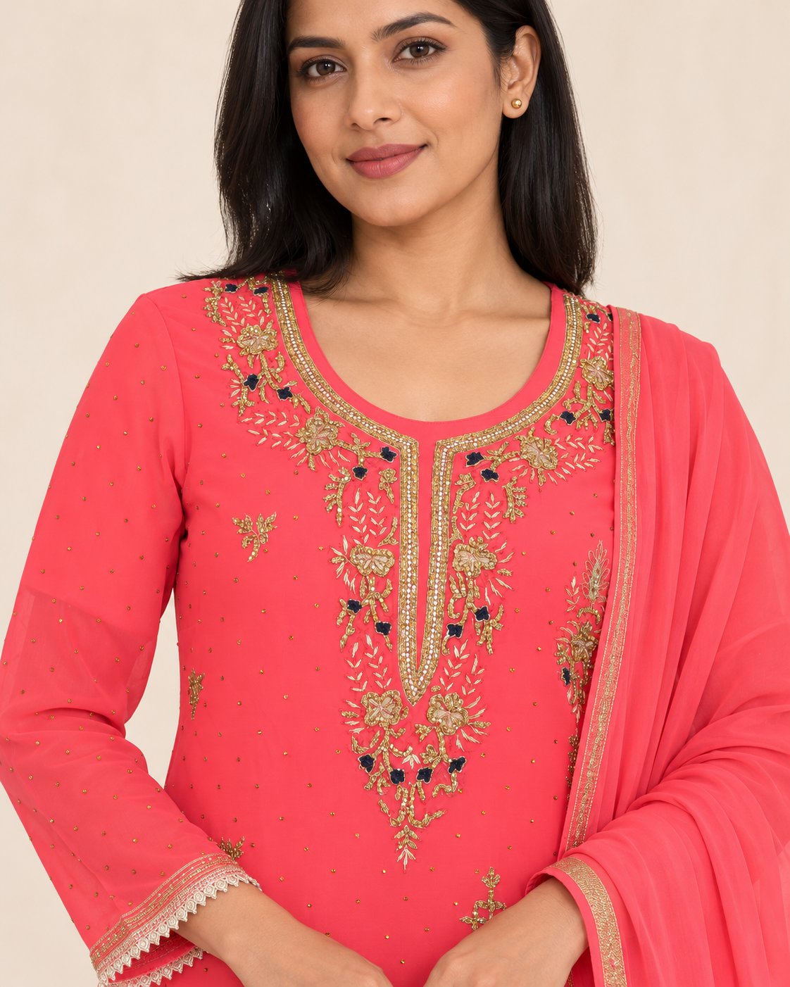 Anchal Coral Pink Embroidered Suit with Dupatta | ibBan