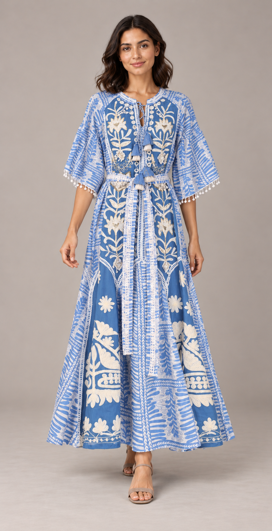 Botanical Embroidered Isha Maxi Dress with Belt & Bell Sleeves | ibBan
