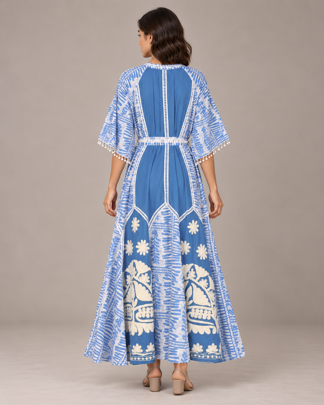 Botanical Embroidered Isha Maxi Dress with Belt & Bell Sleeves | ibBan