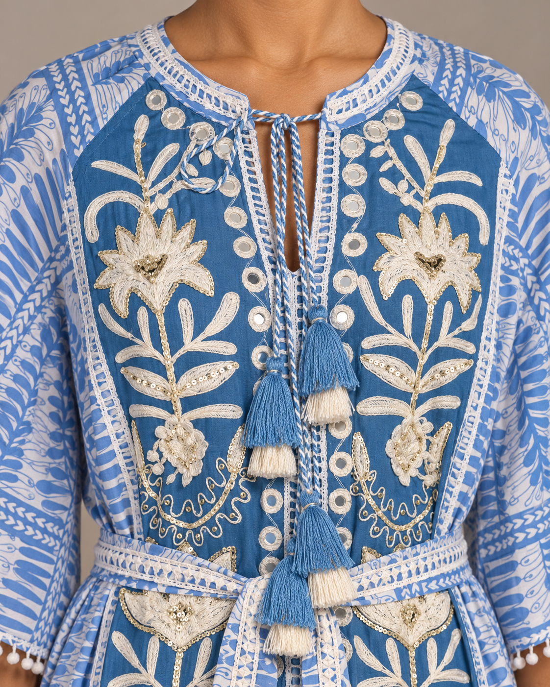 Botanical Embroidered Isha Maxi Dress with Belt & Bell Sleeves | ibBan