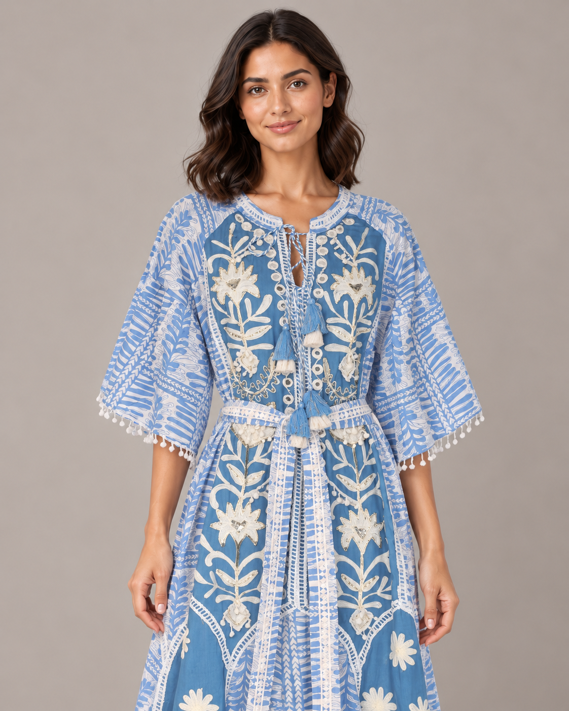 Botanical Embroidered Isha Maxi Dress with Belt & Bell Sleeves | ibBan