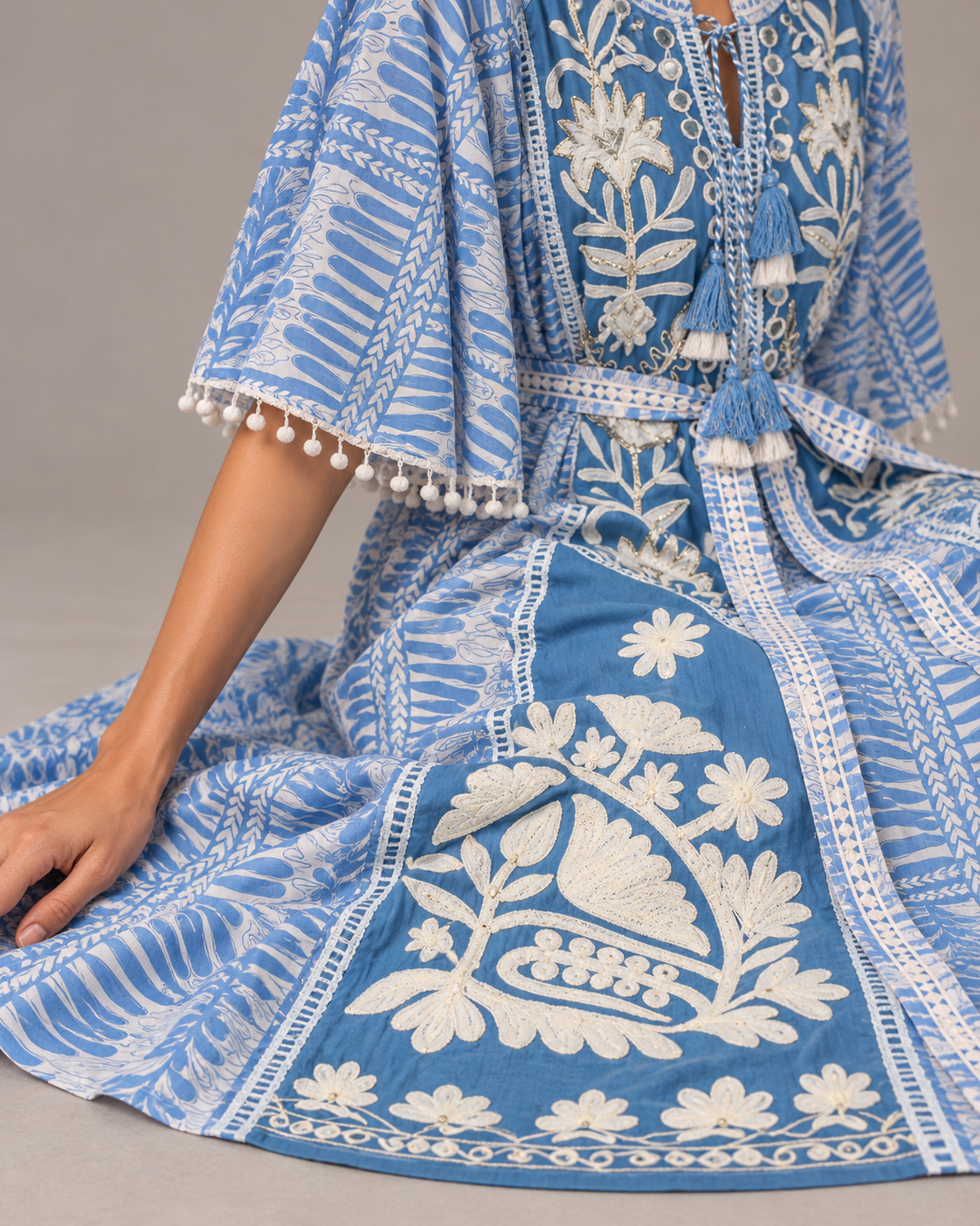 Botanical Embroidered Isha Maxi Dress with Belt & Bell Sleeves | ibBan