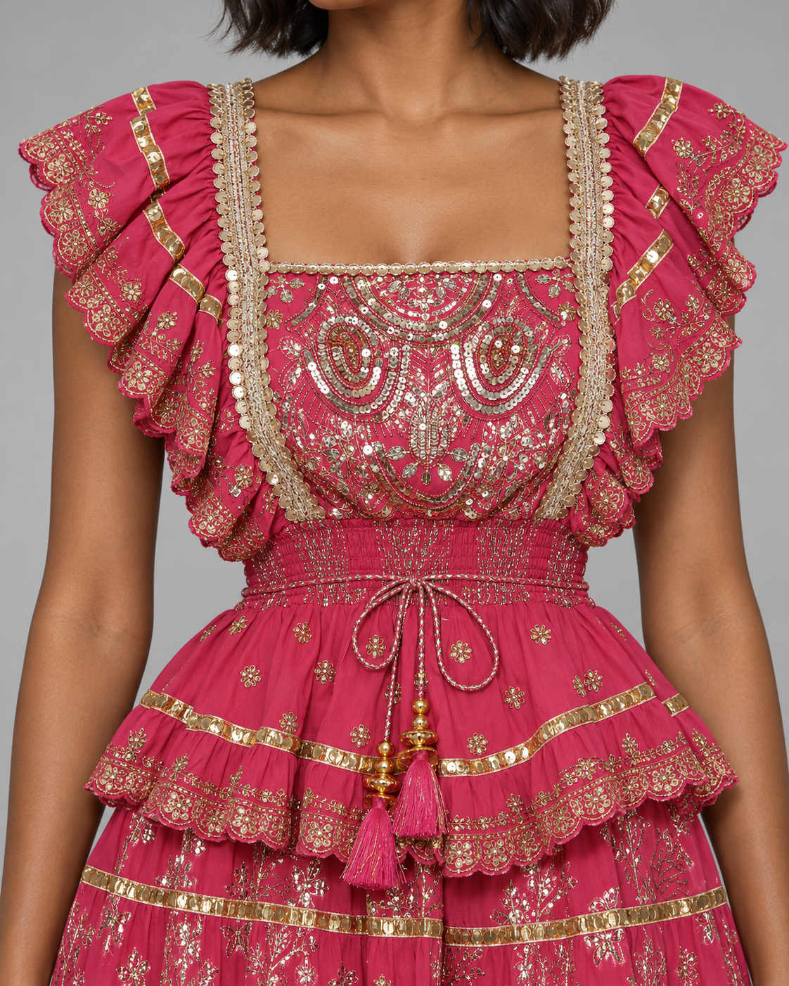 Lurex Skirt Blouse Set with Metallic Embroidery & Ruffles | ibBan