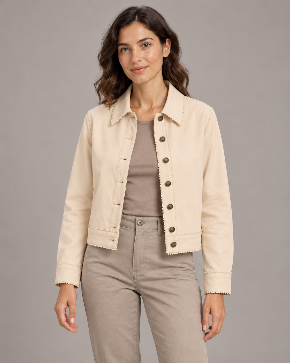 Sahara Cream Cropped Jacket with Scalloped Trim | ibBan