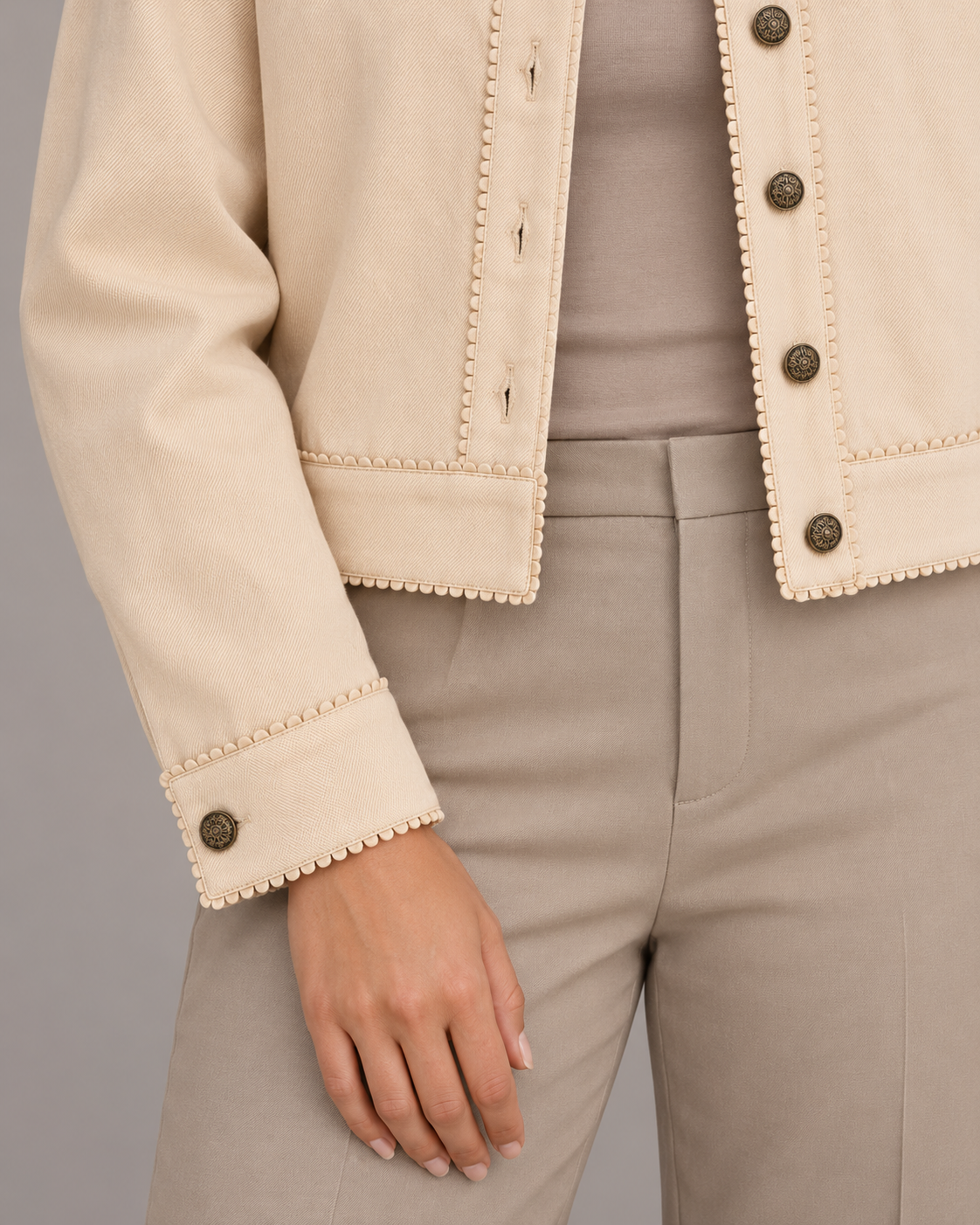 Sahara Cream Cropped Jacket with Scalloped Trim | ibBan