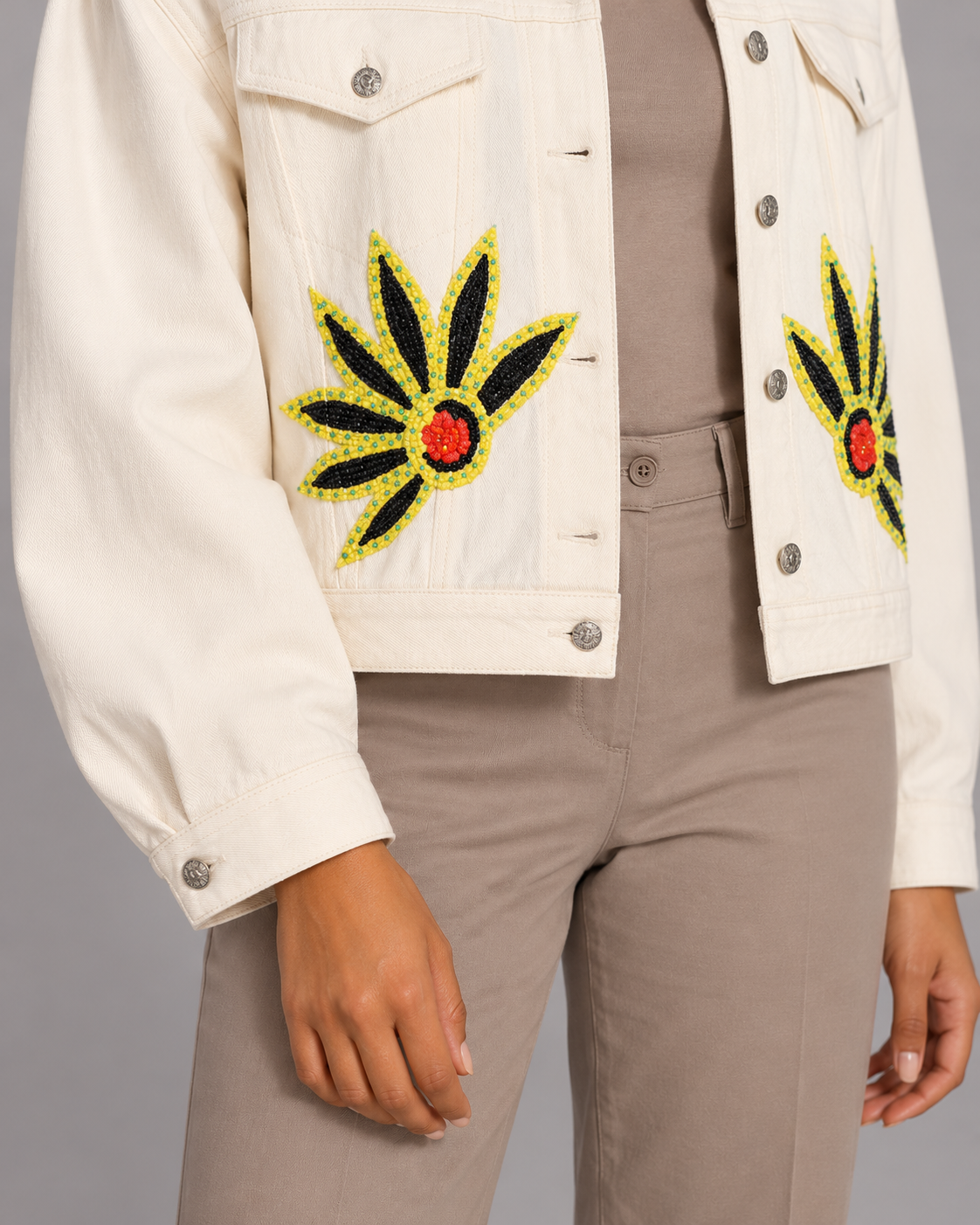 Zinnia Ivory Cropped Jacket with Floral Embellishments | ibBan