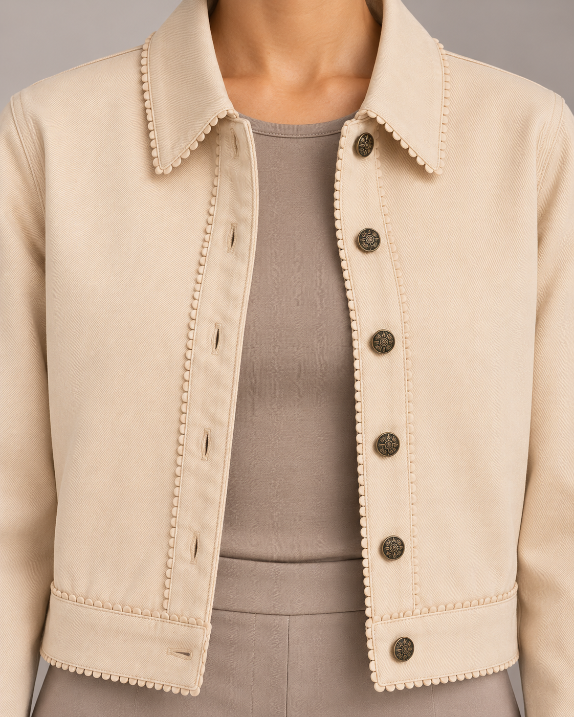 Sahara Cream Cropped Jacket with Scalloped Trim | ibBan
