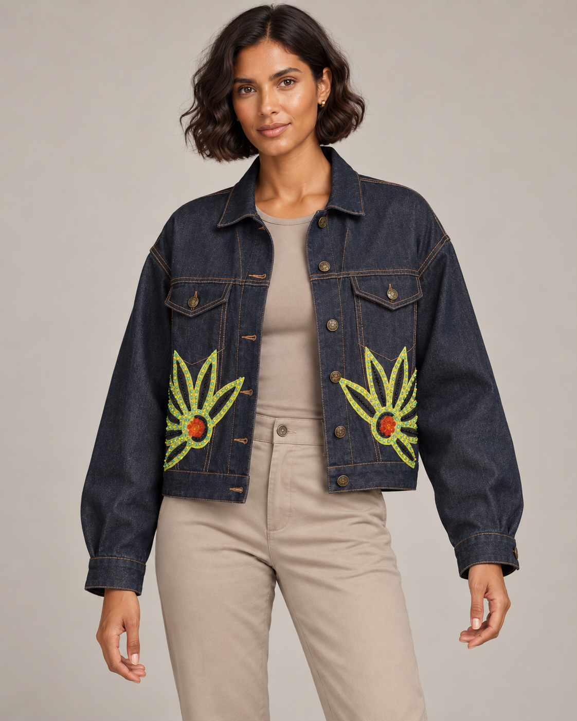 Zinnia Indigo Denim Jacket with Floral Embellishments | ibBan