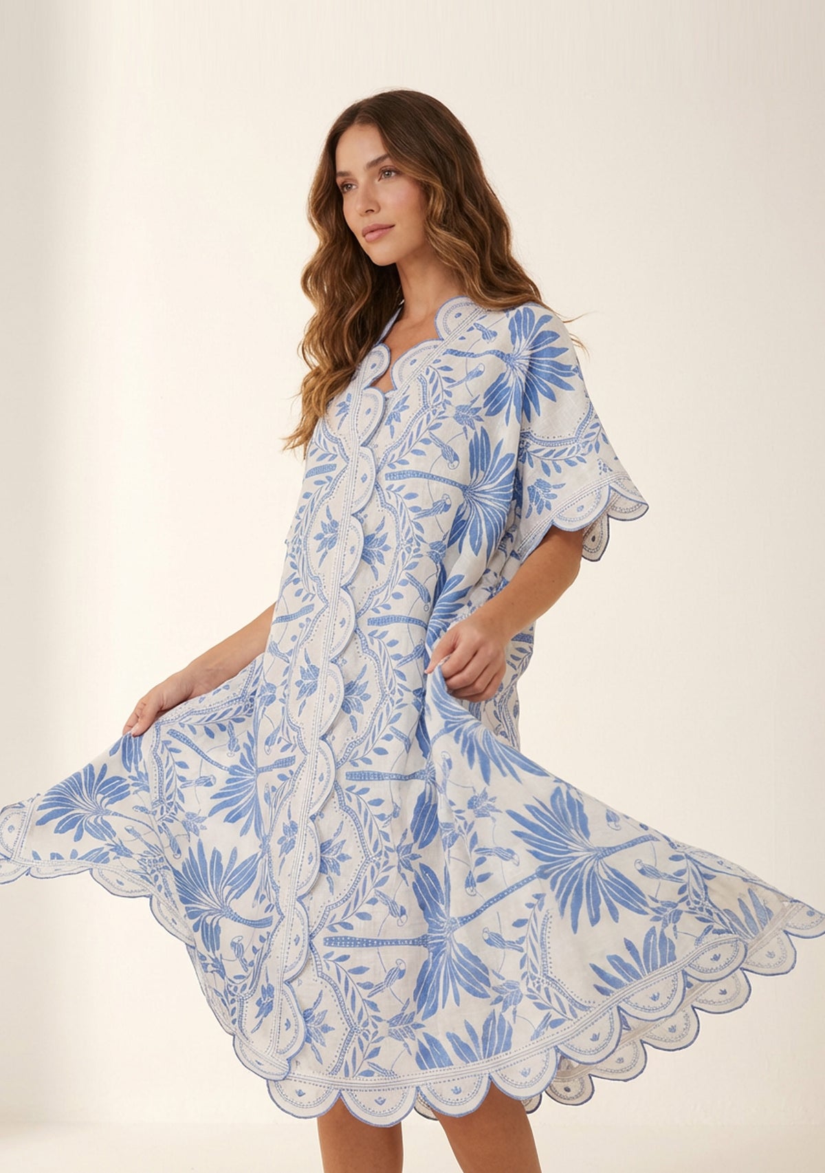 Rifat Denim Botanical Kaftan Dress with Scalloped Edges | ibBan