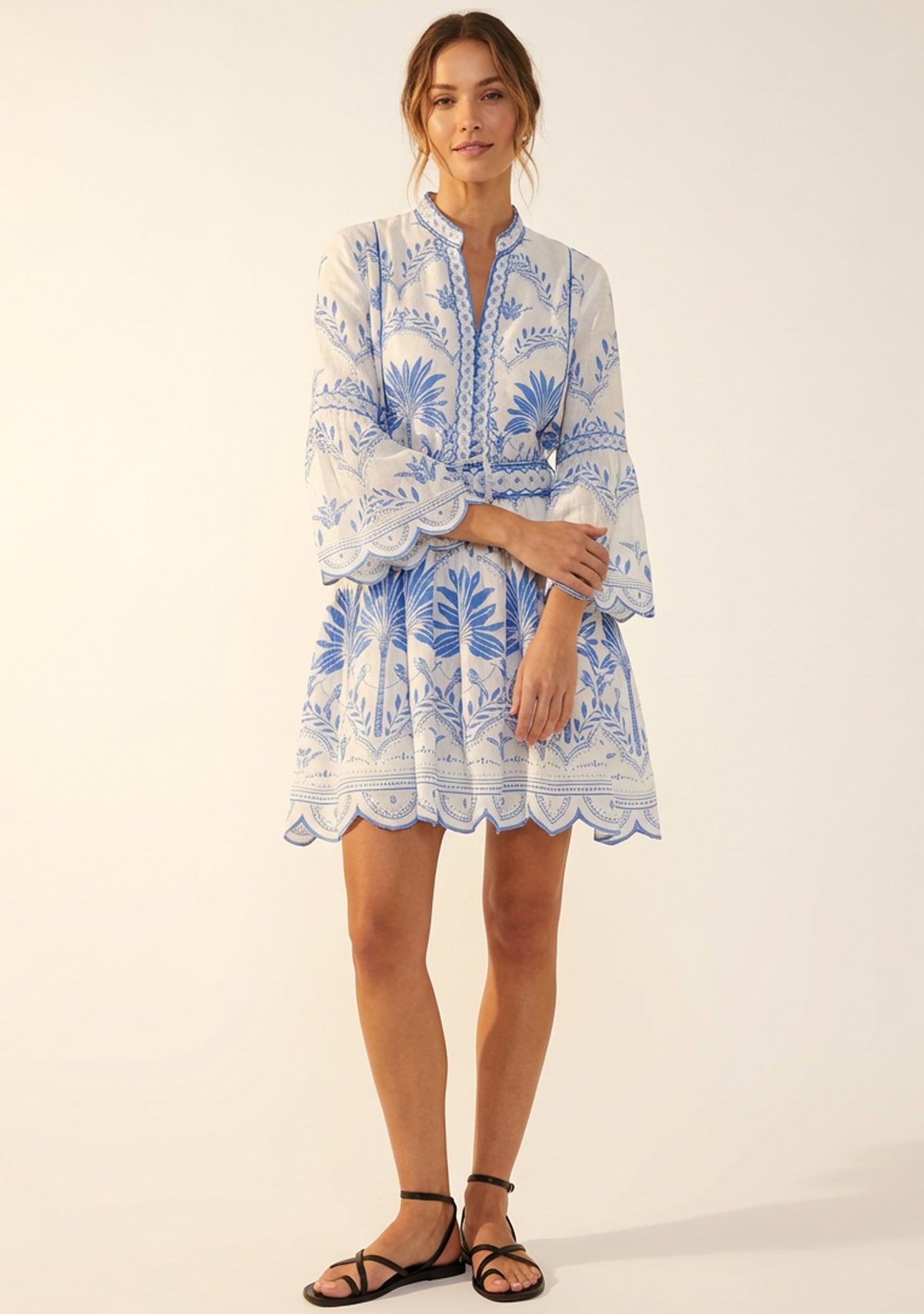 Rifat Short Tunic – Coral Botanical Print & Bell Sleeves | ibBan