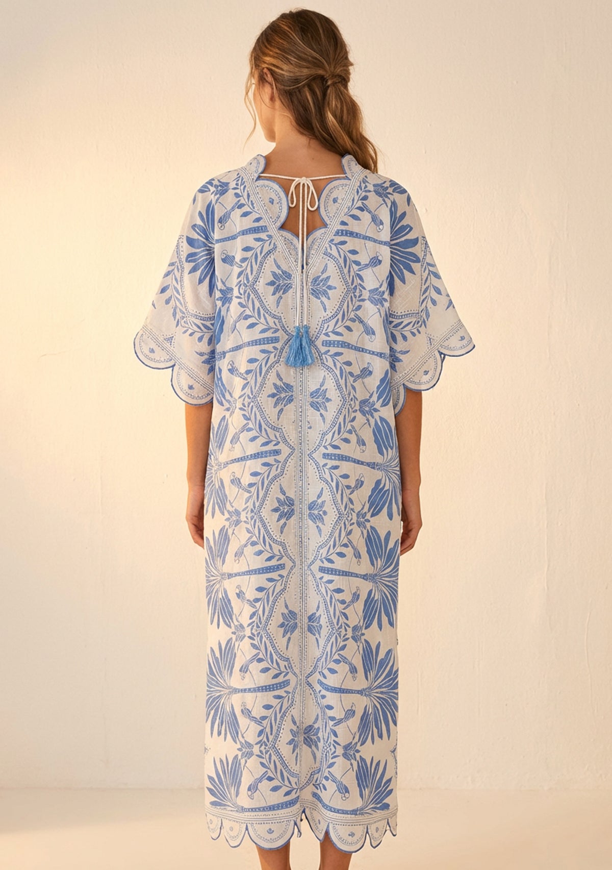 Rifat Denim Botanical Kaftan Dress with Scalloped Edges | ibBan