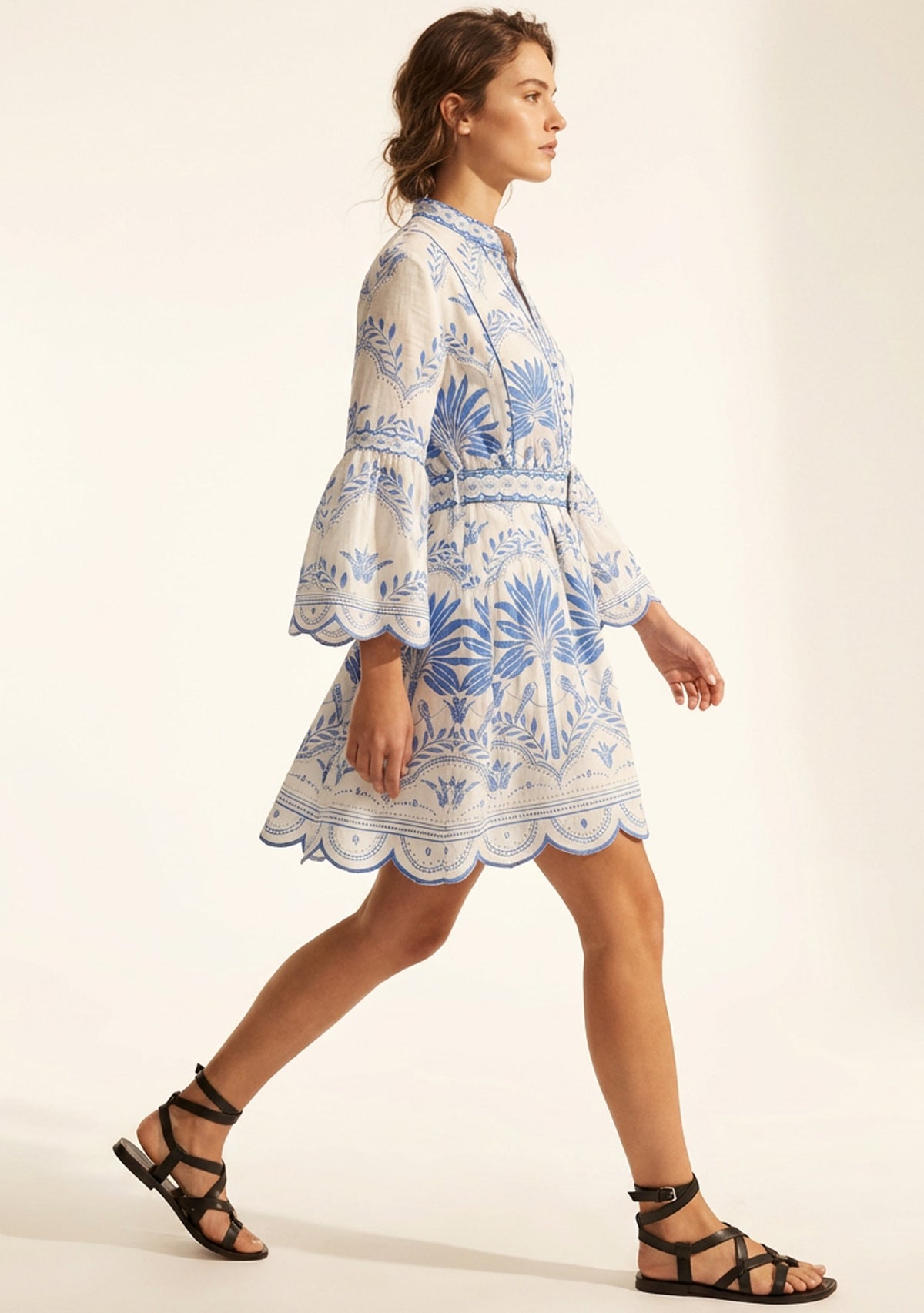 Rifat Short Tunic – Coral Botanical Print & Bell Sleeves | ibBan