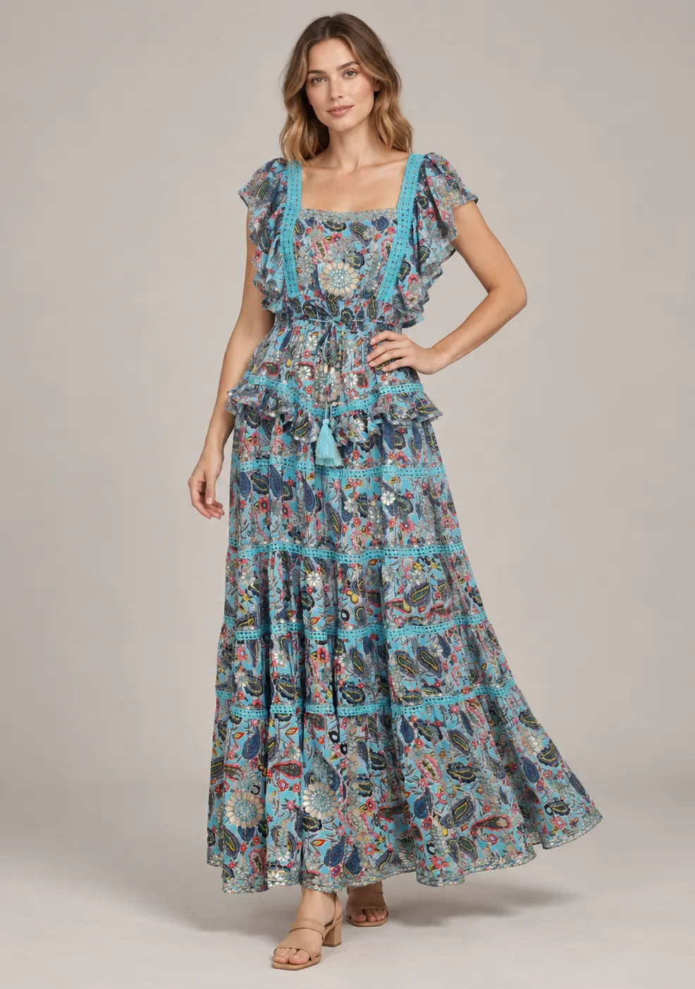 Women’s Cotton Floral Embroidered Tiered long Dress -Nafia