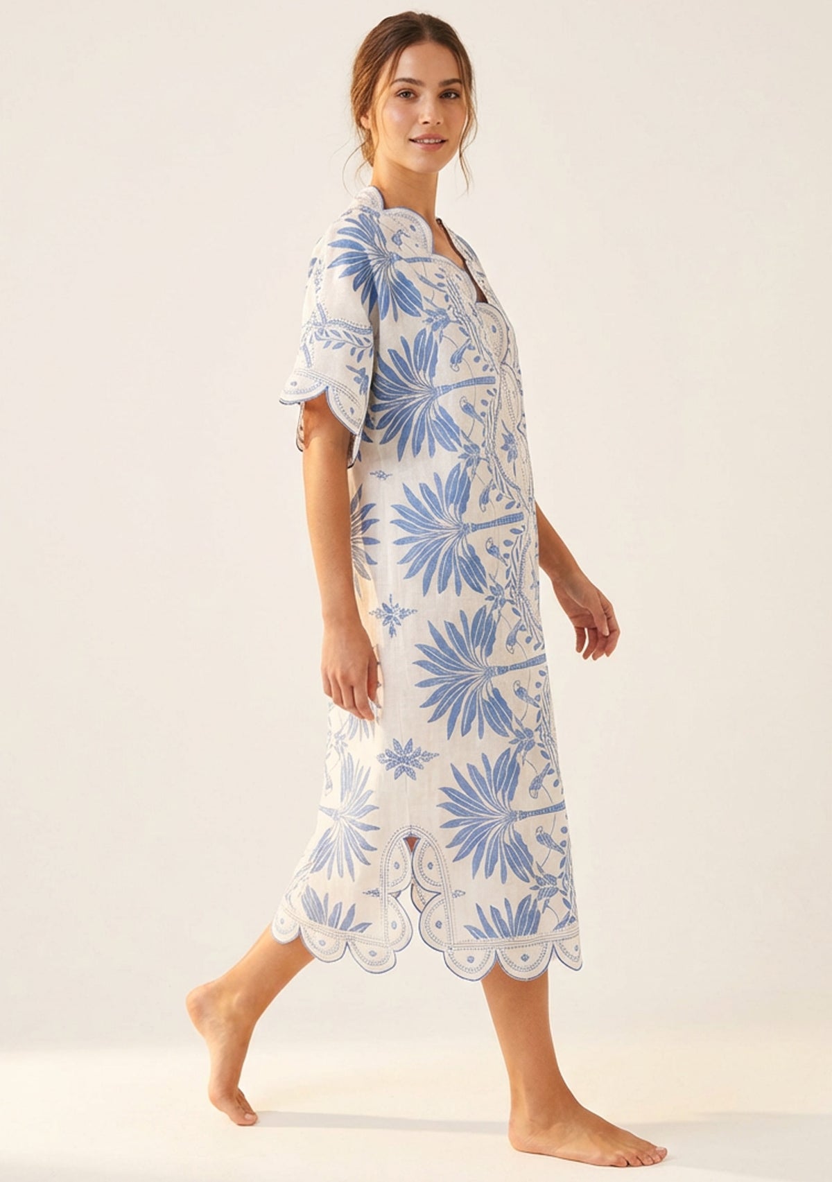 Rifat Denim Botanical Kaftan Dress with Scalloped Edges | ibBan