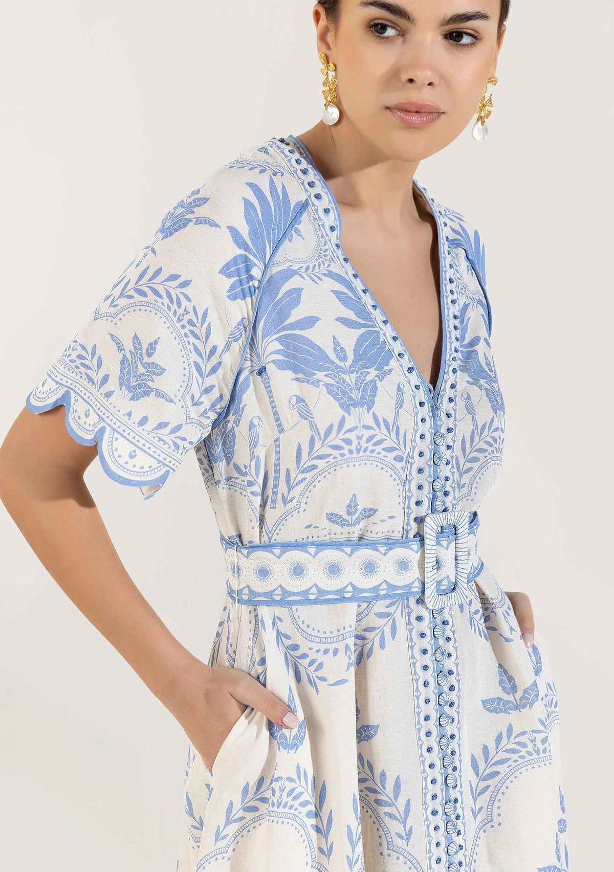 Rifat Long Dress – Beige Botanical Belted Dress | ibBan
