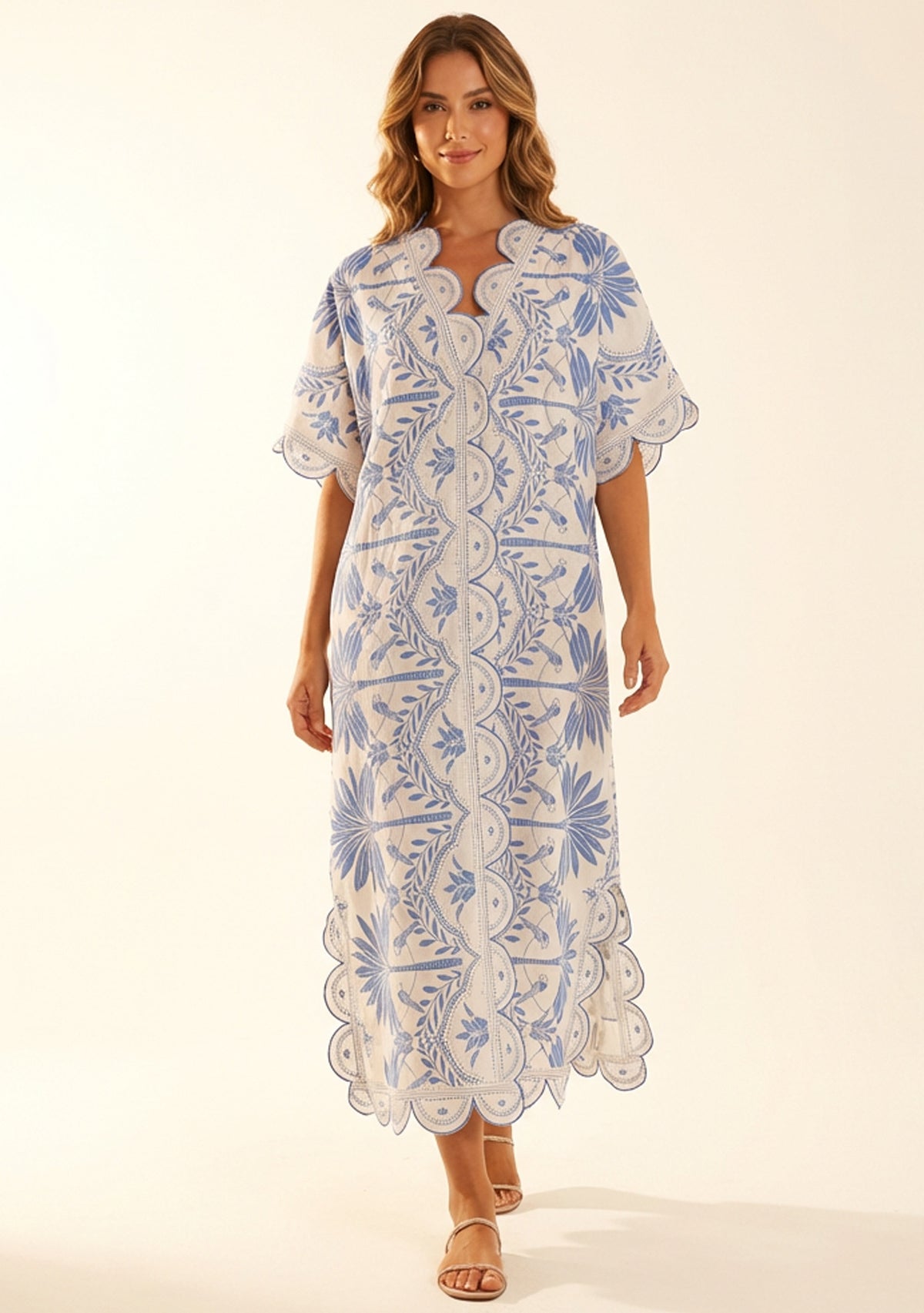 Rifat Denim Botanical Kaftan Dress with Scalloped Edges | ibBan