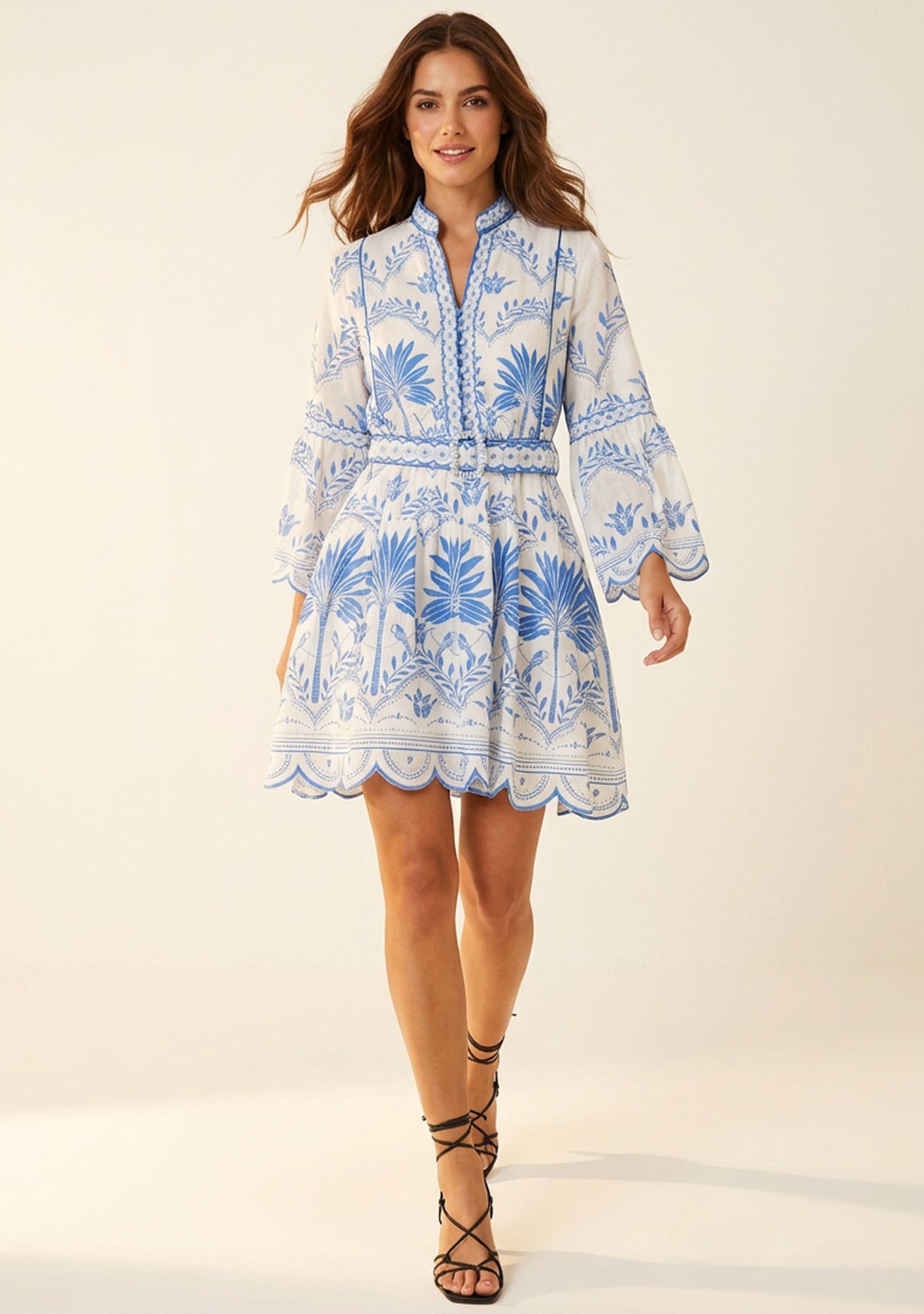 Rifat Short Tunic – Coral Botanical Print & Bell Sleeves | ibBan