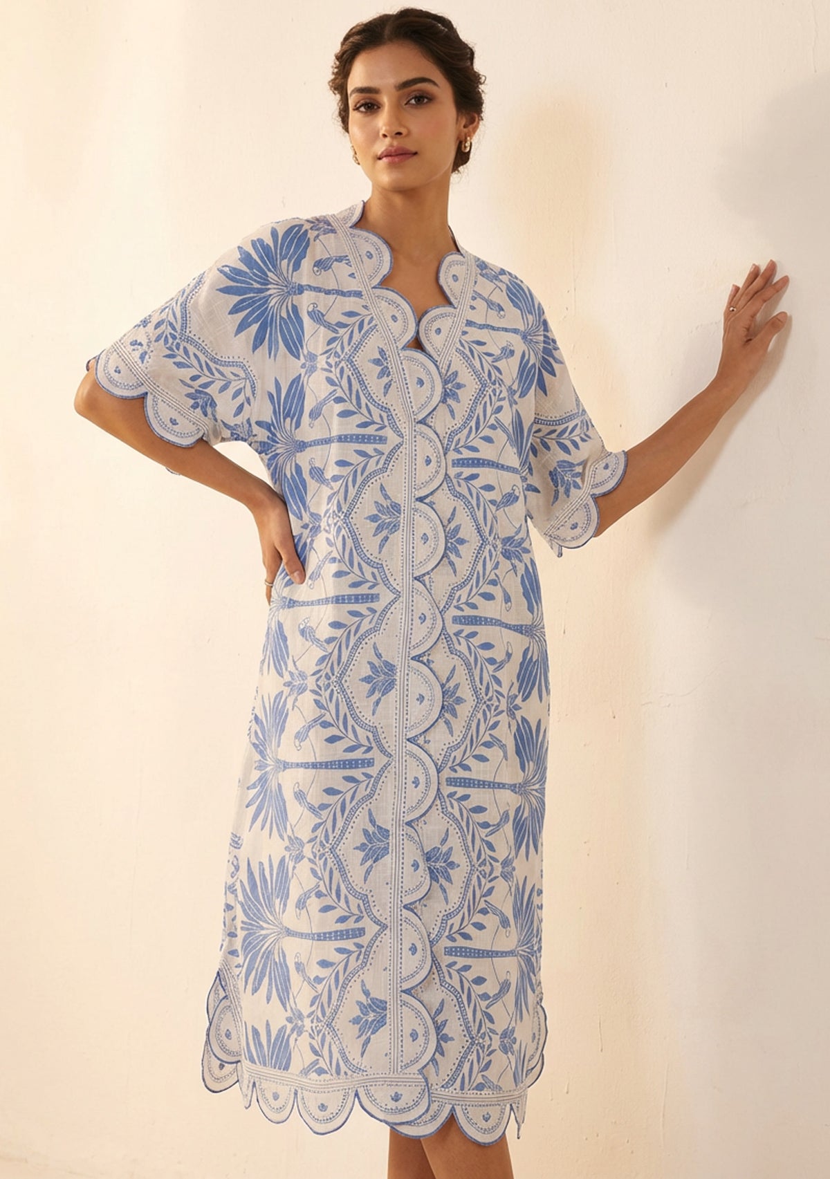 Rifat Denim Botanical Kaftan Dress with Scalloped Edges | ibBan