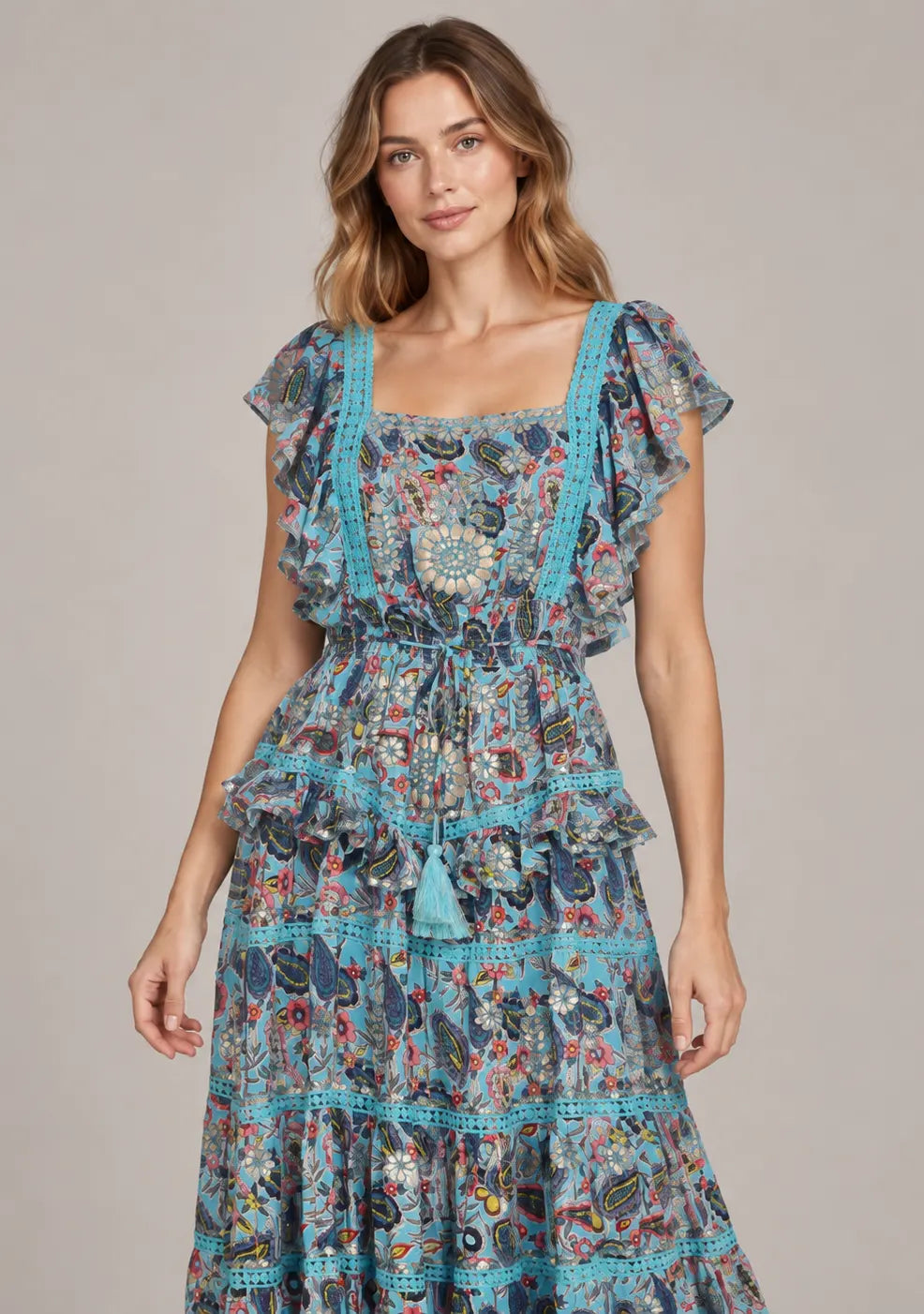 Women’s Cotton Floral Embroidered Tiered long Dress -Nafia