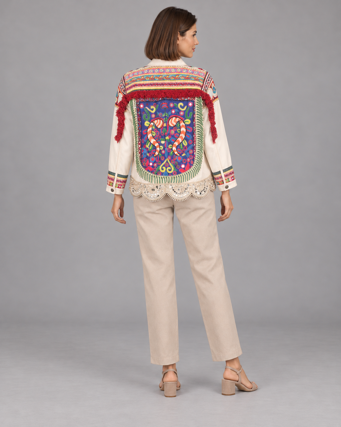 Rangrez Ivory Mirrorwork Jacket with Multicolour Embroidery | ibBan
