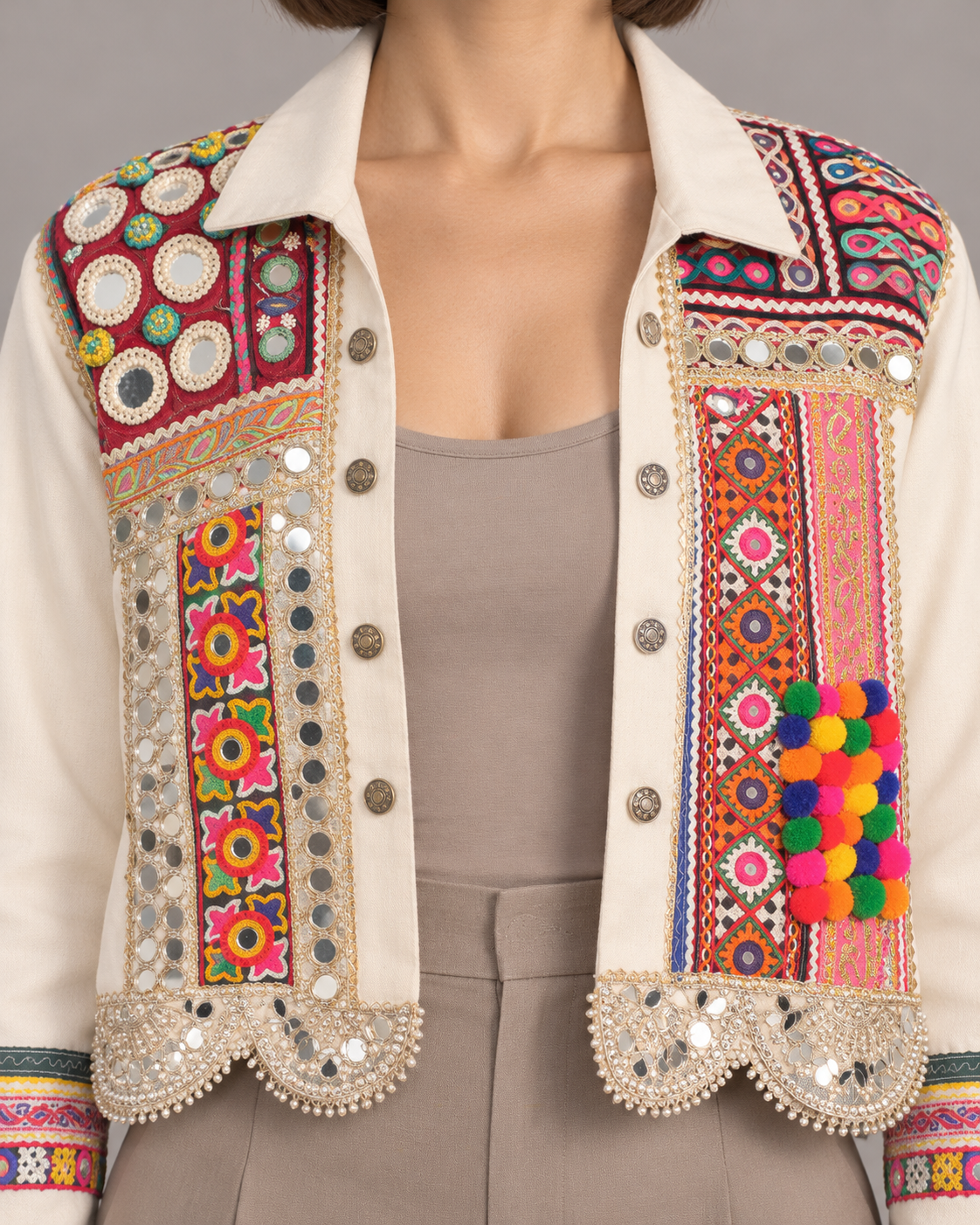 Rangrez Ivory Mirrorwork Jacket with Multicolour Embroidery | ibBan