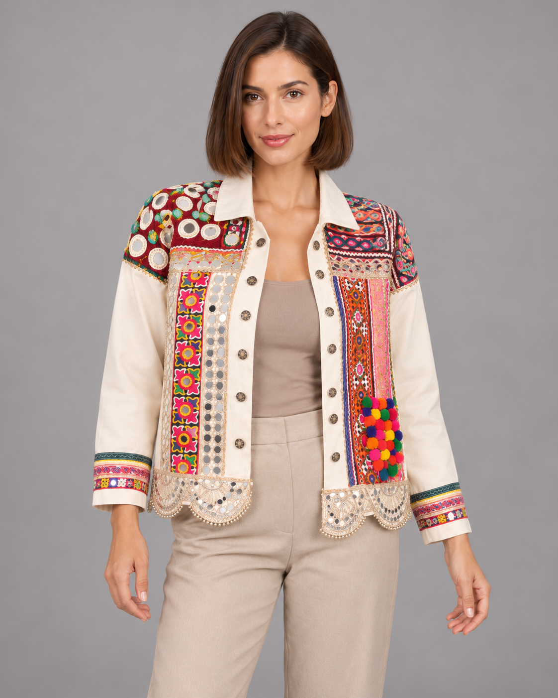 Rangrez Ivory Mirrorwork Jacket with Multicolour Embroidery | ibBan