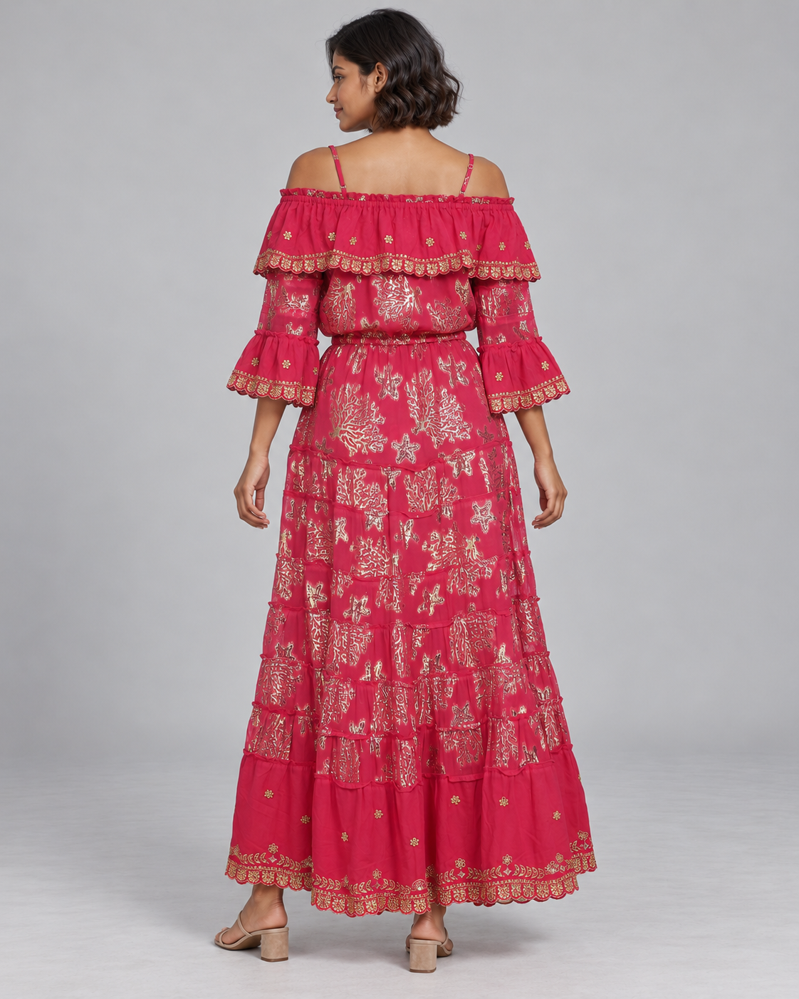 Lurex Skirt Blouse Set with Off-Shoulder Ruffles & Metallic Embroidery | ibBan