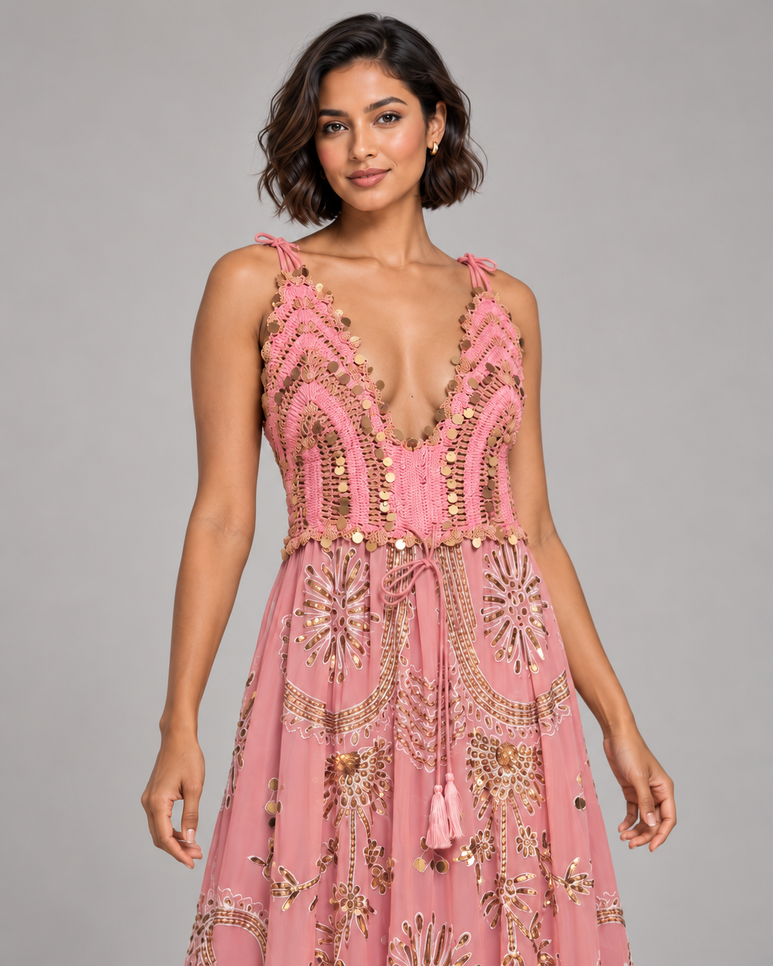 Yara Aqua Strap Dress with Crochet Bodice & Gold Details | ibBan