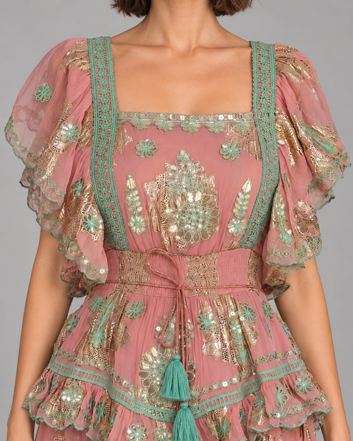 Faiza Maxi Dress with Floral Embroidery & Flutter Sleeves | ibBan