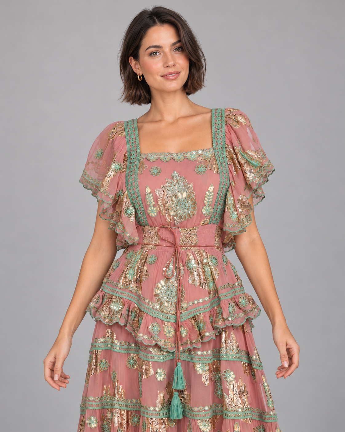 Faiza Maxi Dress with Floral Embroidery & Flutter Sleeves | ibBan