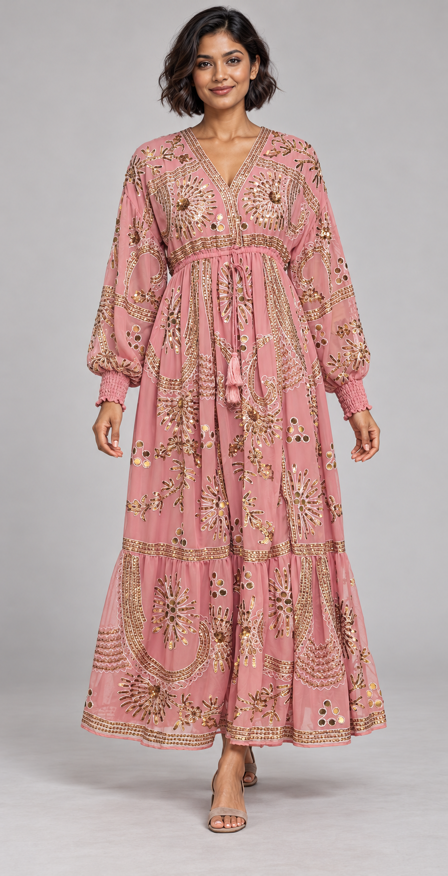 Yara Long Dress in Dusty Rose with Gold Embellishments | ibBan