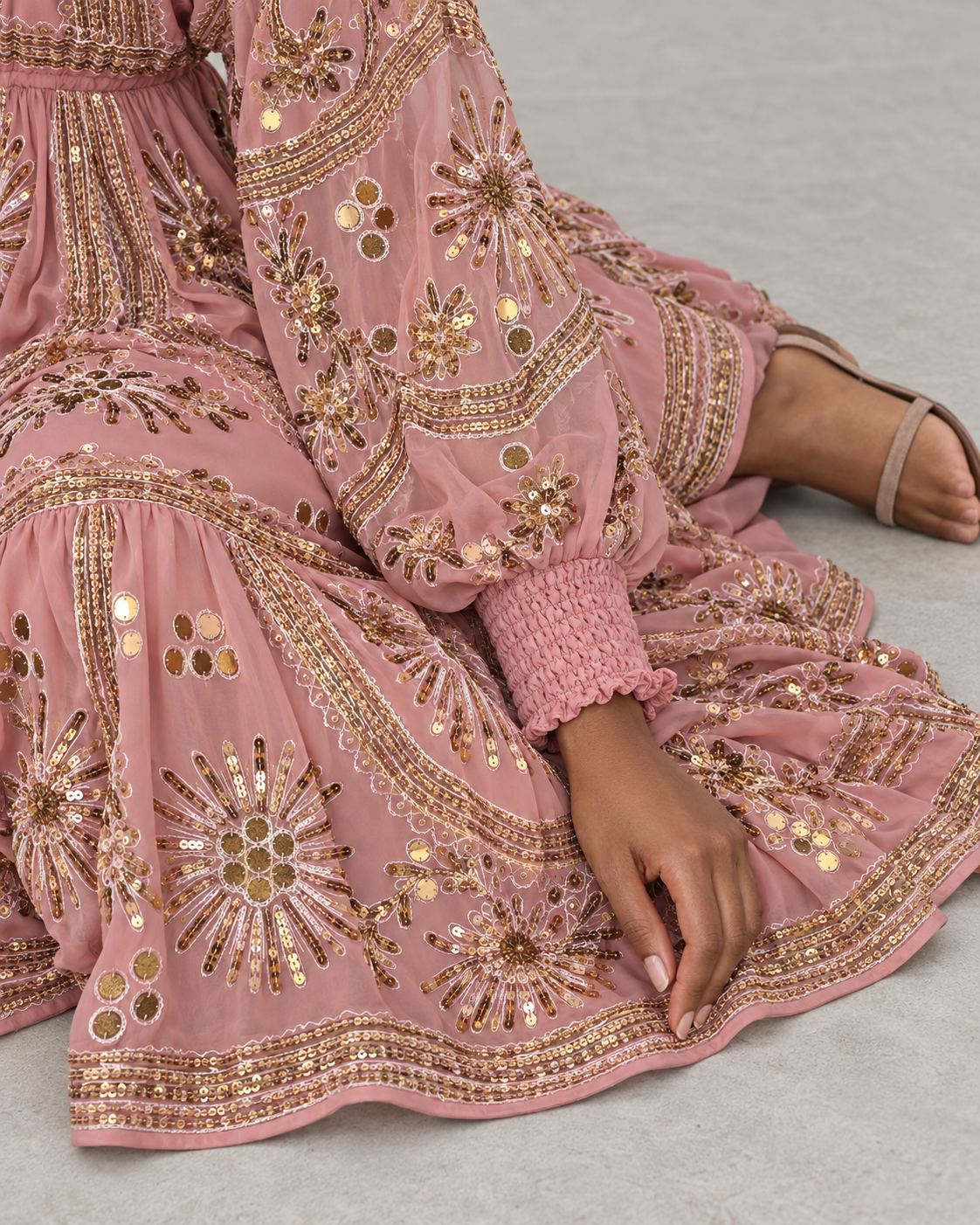 Yara Long Dress in Dusty Rose with Gold Embellishments | ibBan