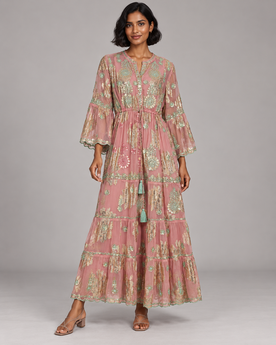 Faiza Long Tunic – Floral Embroidered Tiered Tunic | ibBan