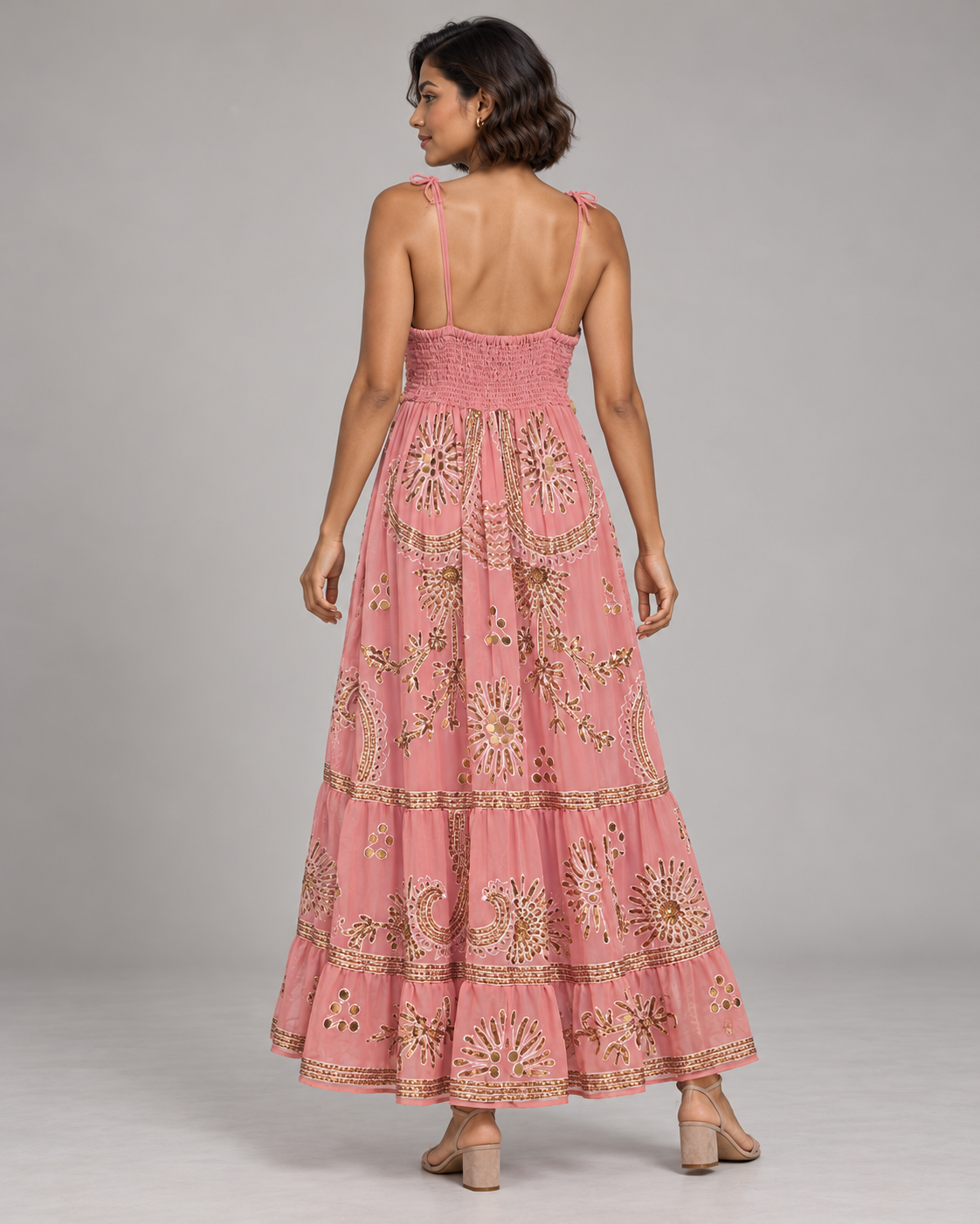 Yara Aqua Strap Dress with Crochet Bodice & Gold Details | ibBan