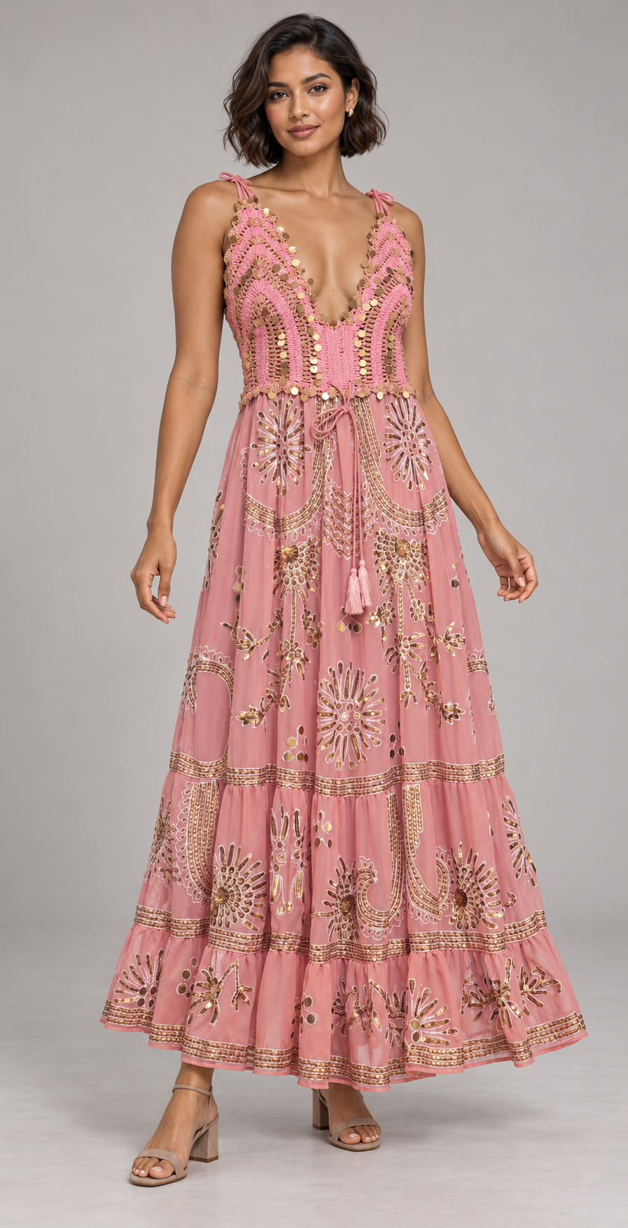 Yara Aqua Strap Dress with Crochet Bodice & Gold Details | ibBan