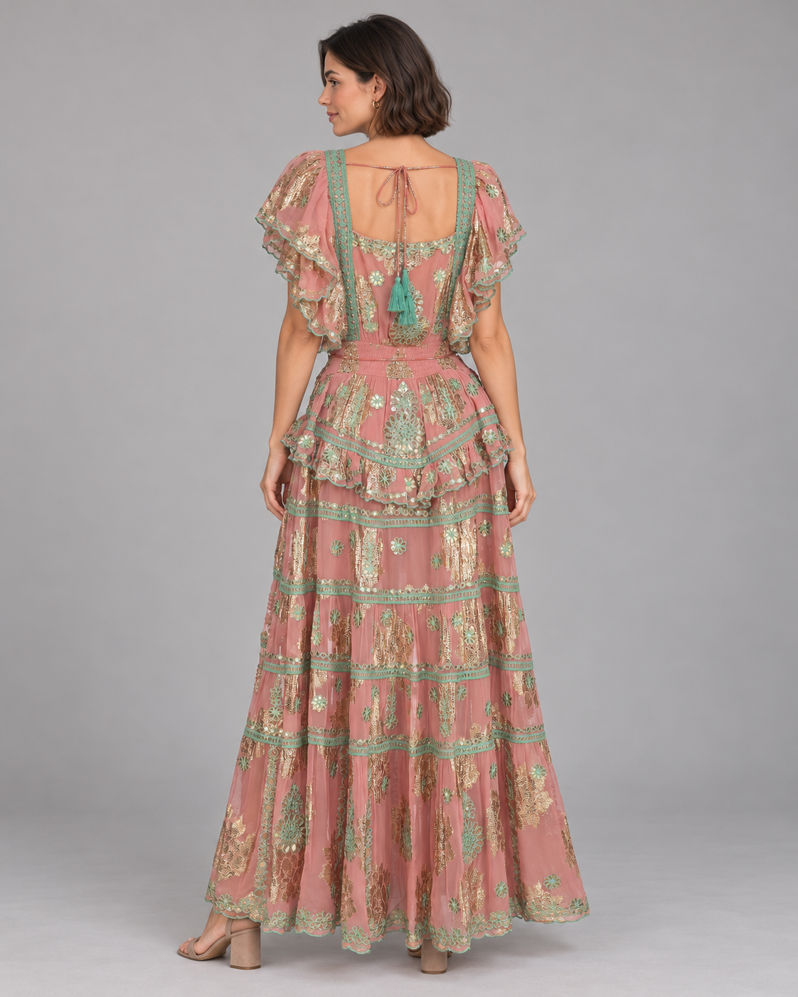 Faiza Maxi Dress with Floral Embroidery & Flutter Sleeves | ibBan