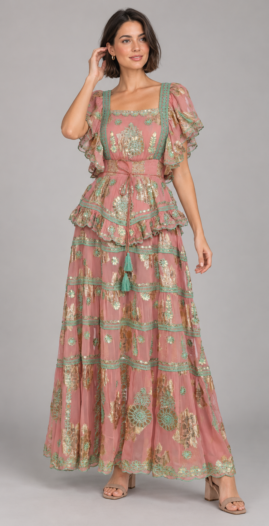 Faiza Maxi Dress with Floral Embroidery & Flutter Sleeves | ibBan