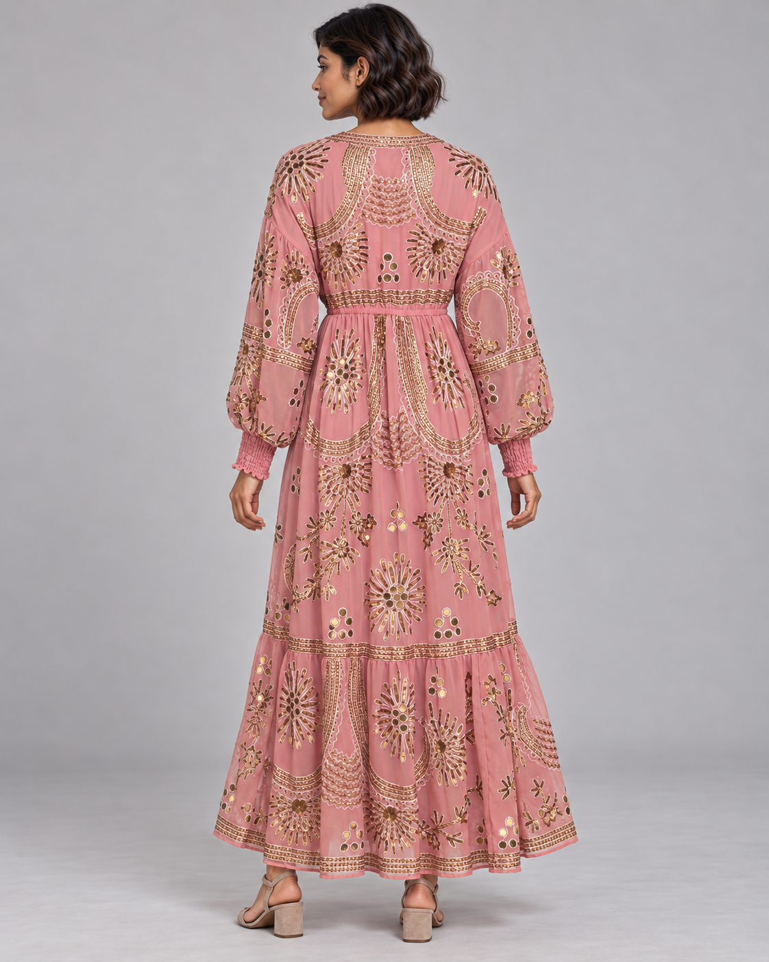 Yara Long Dress in Dusty Rose with Gold Embellishments | ibBan
