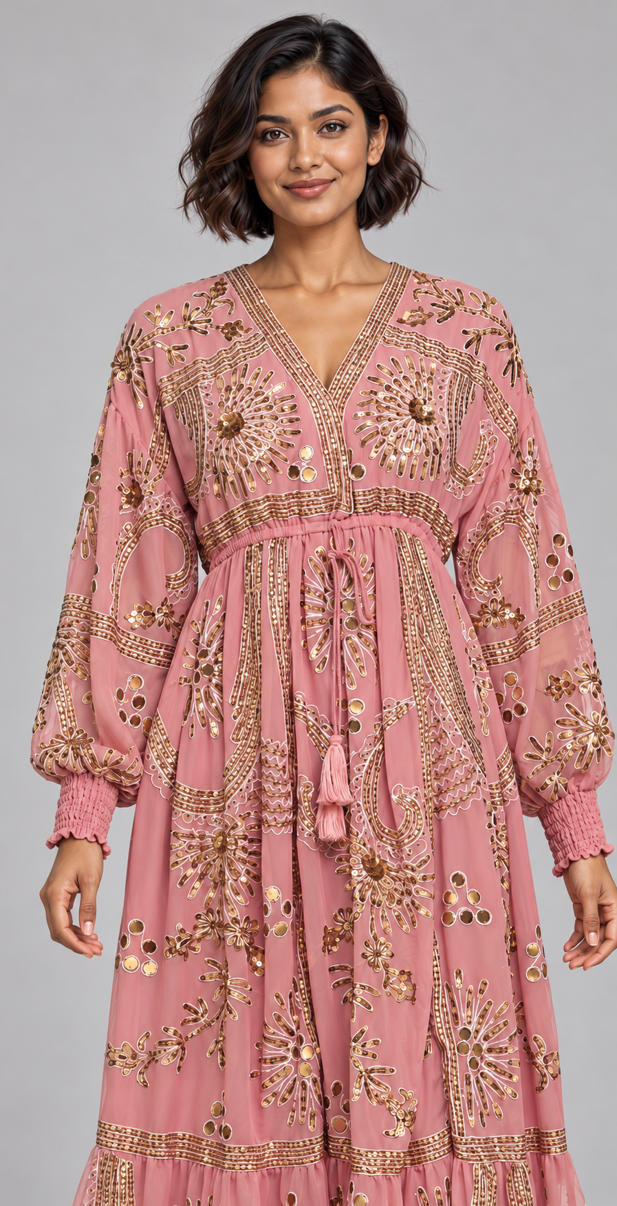 Yara Long Dress in Dusty Rose with Gold Embellishments | ibBan