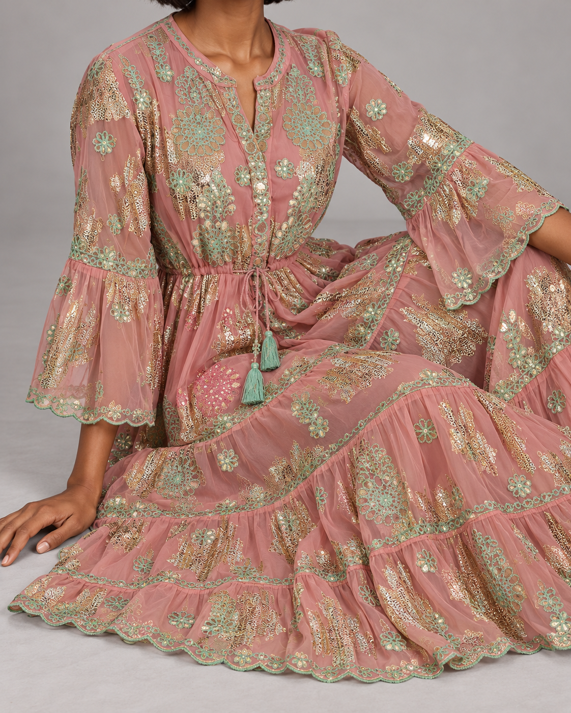 Faiza Long Tunic – Floral Embroidered Tiered Tunic | ibBan