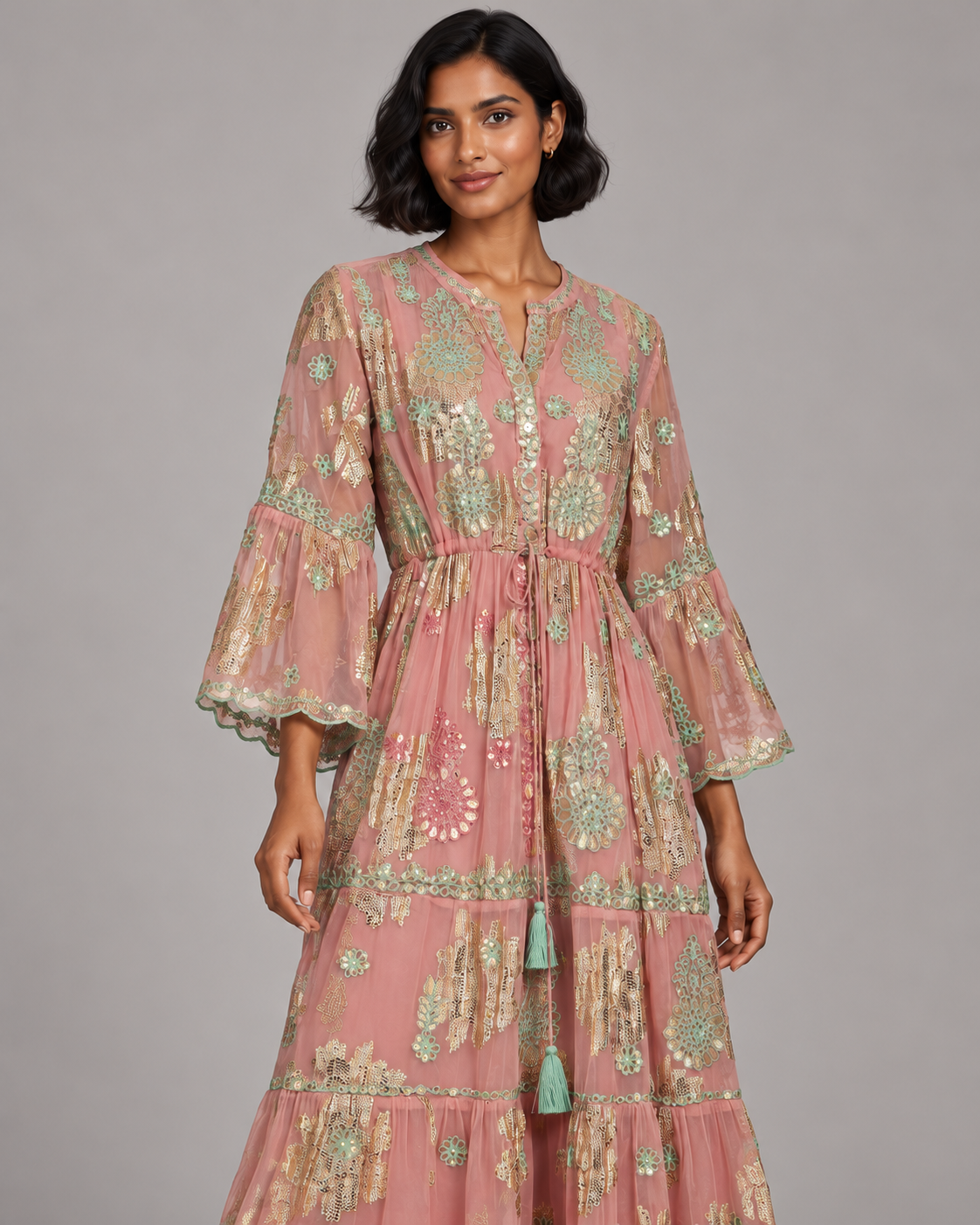 Faiza Long Tunic – Floral Embroidered Tiered Tunic | ibBan