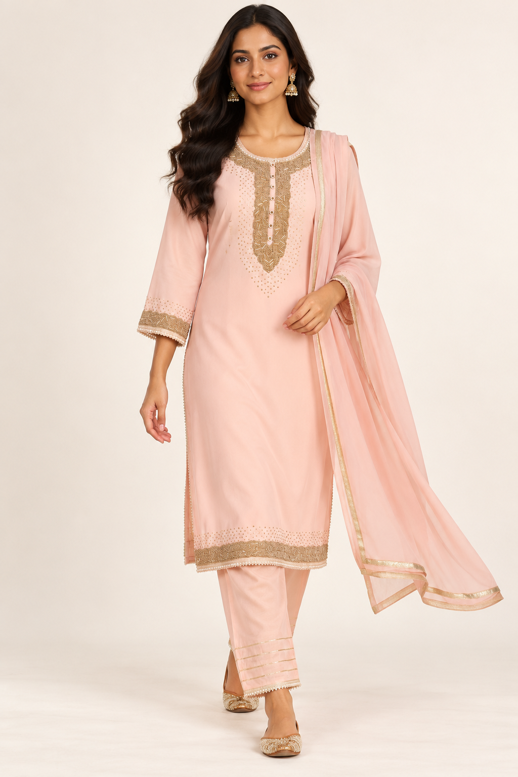 Blush Pink Embellished Kurta Set with Trousers & Dupatta | ibBan