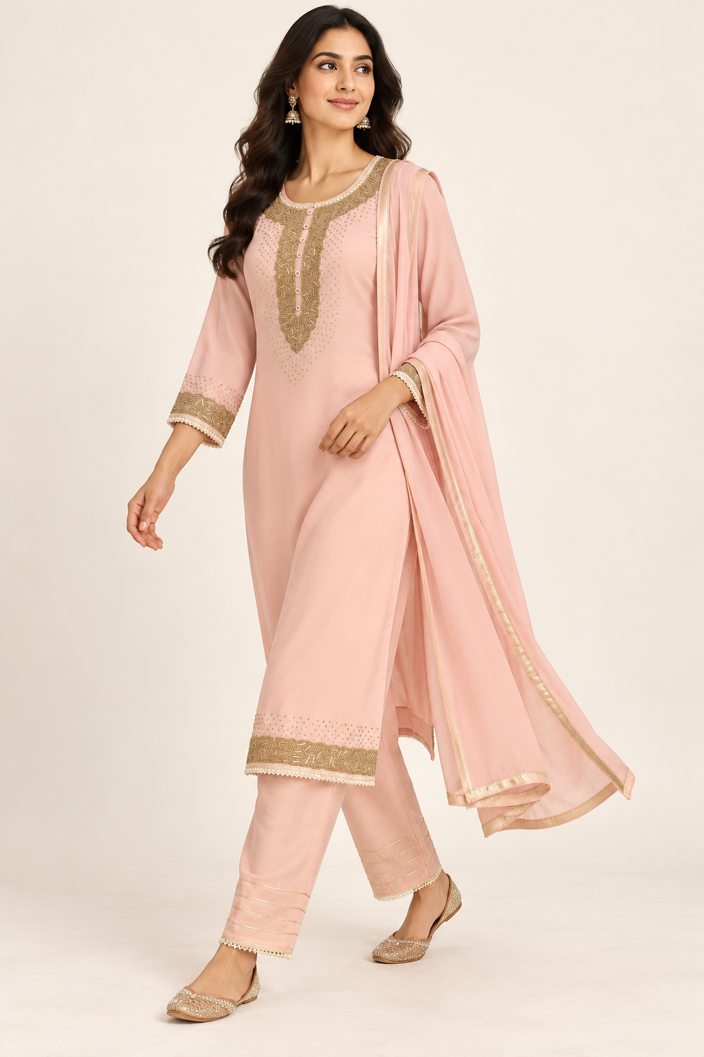Blush Pink Embellished Kurta Set with Trousers & Dupatta | ibBan