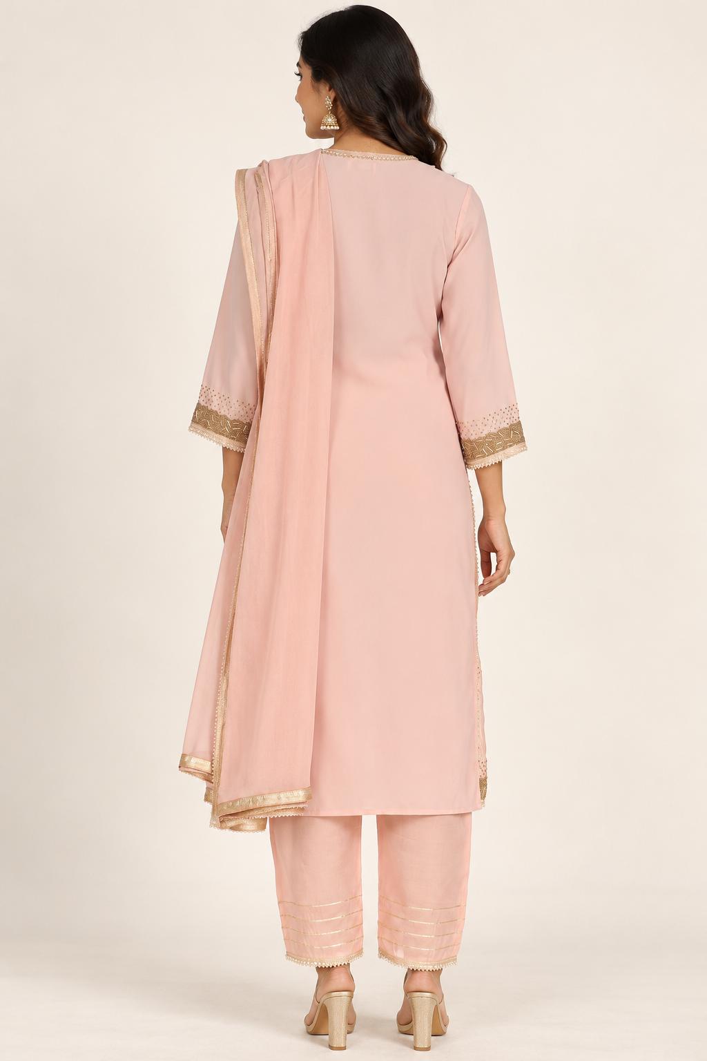Blush Pink Embellished Kurta Set with Trousers & Dupatta | ibBan