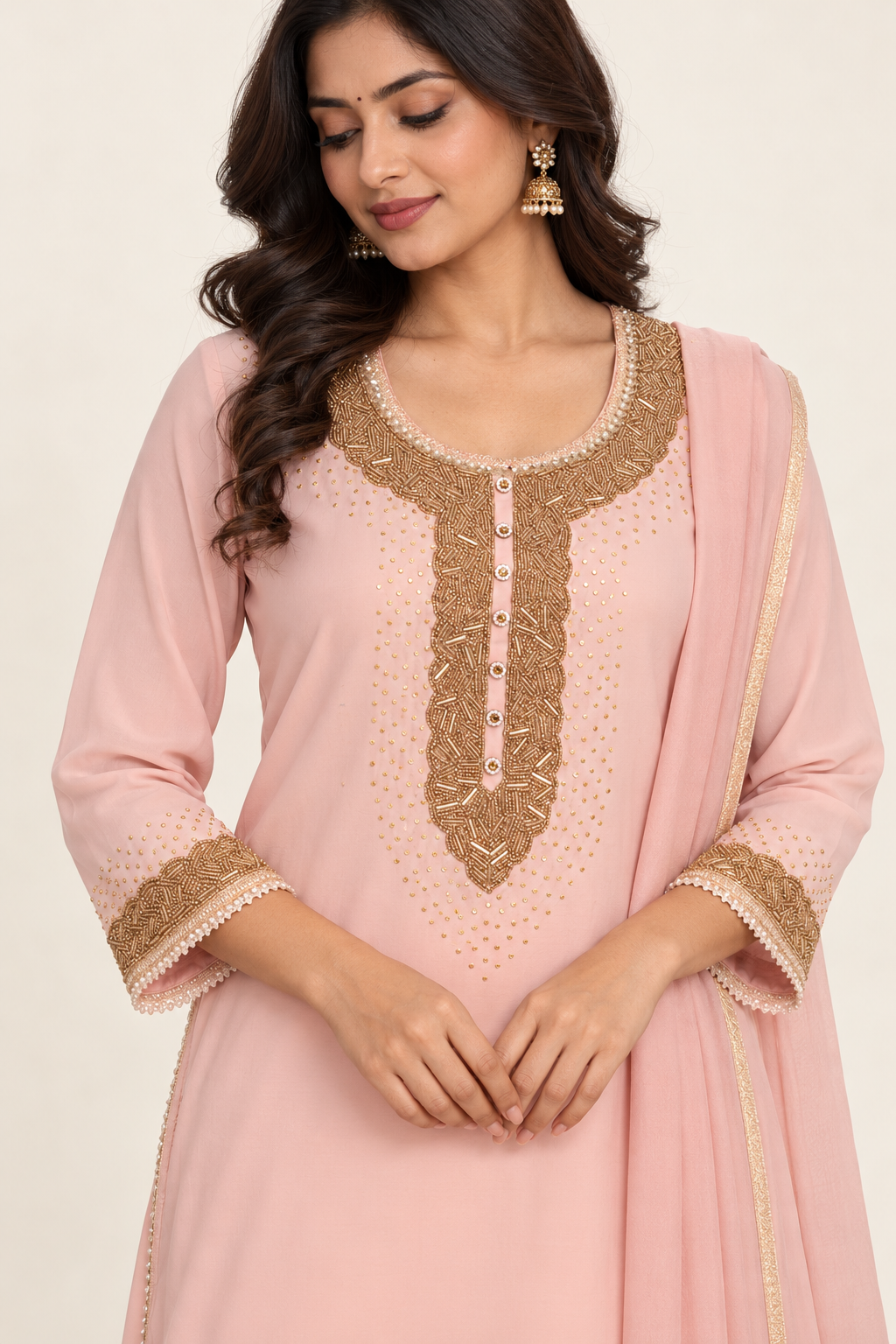 Blush Pink Embellished Kurta Set with Trousers & Dupatta | ibBan