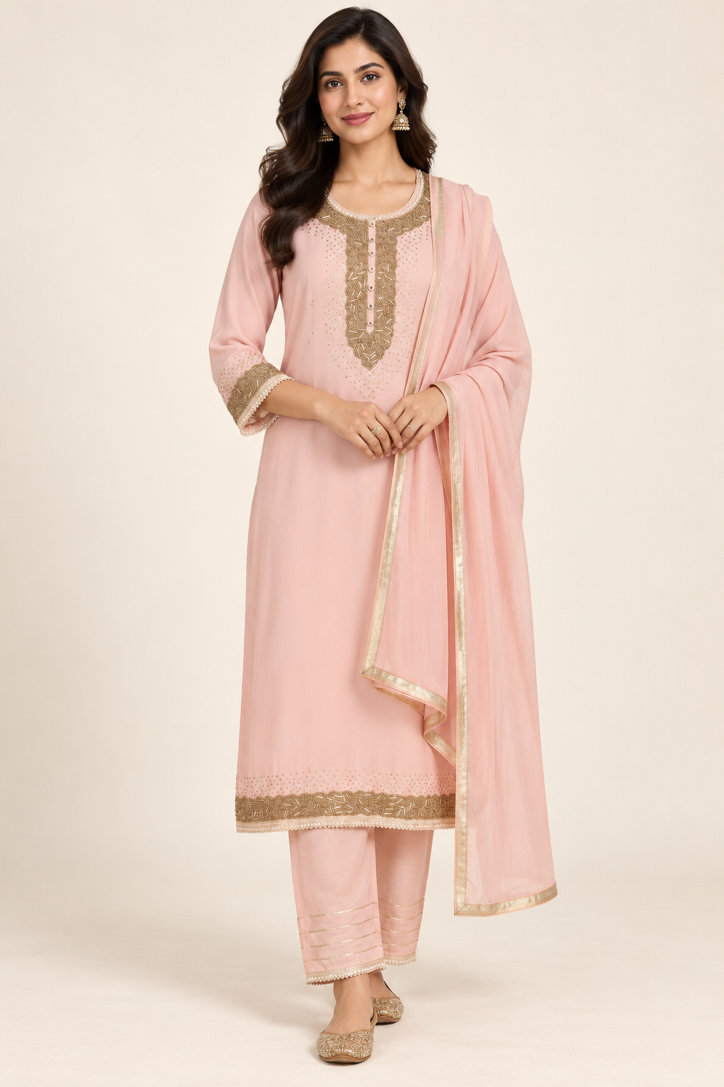 Blush Pink Embellished Kurta Set with Trousers & Dupatta | ibBan