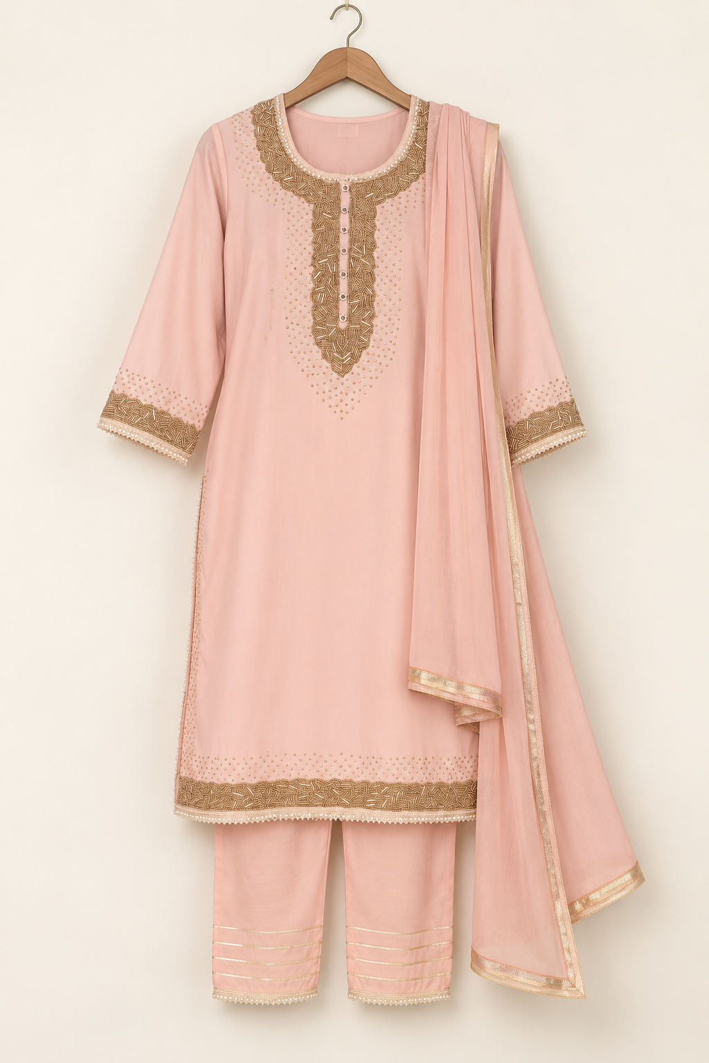 Blush Pink Embellished Kurta Set with Trousers & Dupatta | ibBan